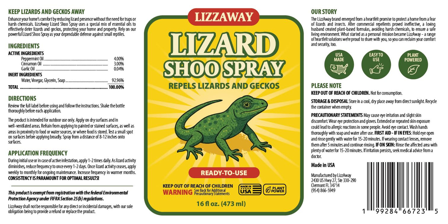 LizzAway Lizard Shoo Spray - Plant-Based Lizard Repellent for Outdoors & Home - Gecko, Skink, & Reptile Deterrent - Gecko Repellent Spray to Keep Lizards Off Porch, Patio, Garden & Driveway
