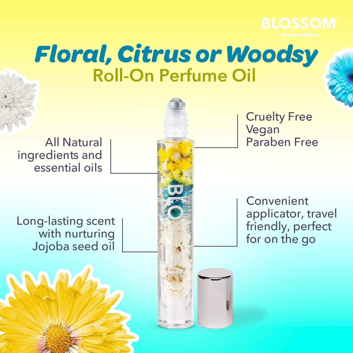 Blossom Roll on Perfume for Women Alcohol Free Rollerball Perfume Oil with Essential Oils, Infused with Real Flowers, Made in USA, 0.20oz (Vanilla, Amber), Vanilla Orchid