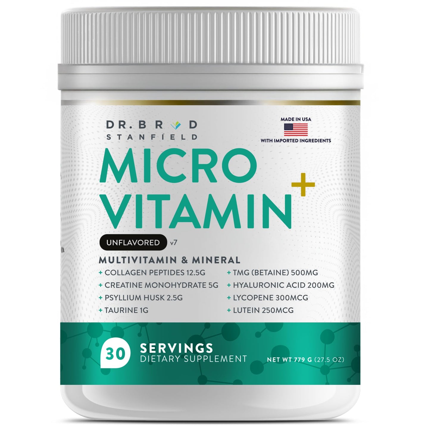 Dr Brad Stanfield Collagen Peptides + Creatine Monohydrate + Psyllium Husk + Taurine + TMG + Hyaluronic Acid + MultiVitamin & Mineral (30 Servings, Unflavored)