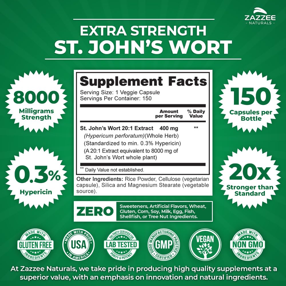 Zazzee Extra Strength St. John’s Wort 20:1 Extract, 8000 mg Strength, 0.3% Hypericin, 150 Vegan Capsules, 5 Month Supply, Concentrated, Standardized 20X Extract, 100% Vegetarian, Non-GMO, All-Natural