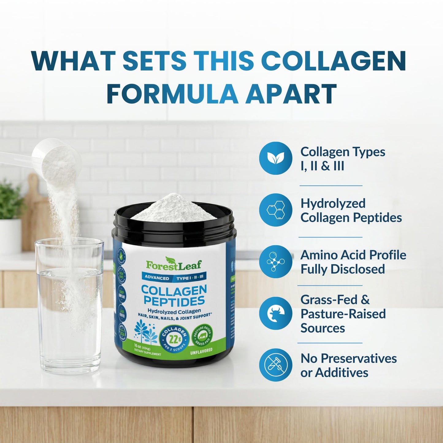 ForestLeaf Collagen Peptides Powder Unflavored - Hydrolyzed Grass Fed Keto Collagen Protein Powder Type 1, 2 & 3 - Vital Hair, Skin, Nails, Joints, Recovery, 11g Per Serving