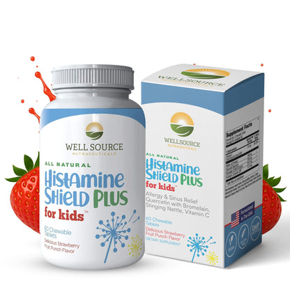 Histamine Shield Plus for Kids™ Natural Antihistamine Supplement, Sinus & Allergy Relief for Pollen, Pet Dander, Dust, Mold, and Odors, 60 Strawberry Fruit Punch Chewable Tablets
