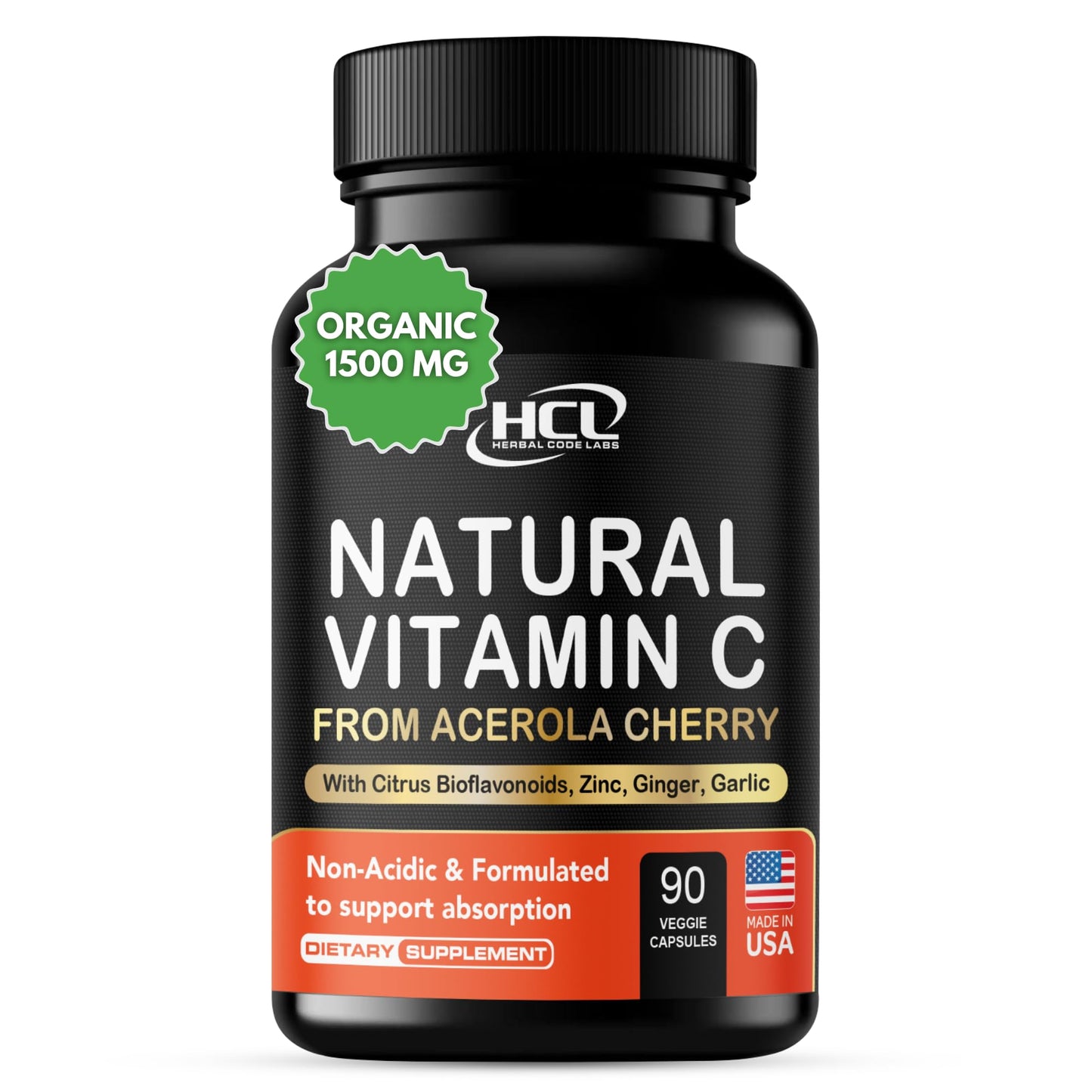 HCL HERBAL CODE LABS Natural Vitamin C from Organic Acerola Cherry - High Absorption - with Garlic Ginger & Citrus Bioflavonoids - Immune System & Collagen Booster - Anti Aging Skin Vitamins