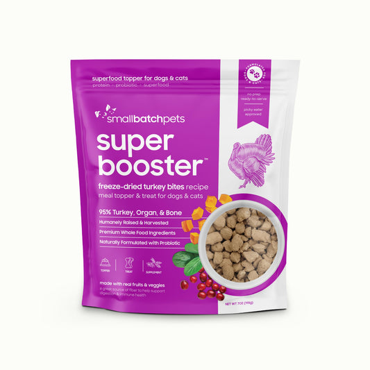 Smallbatch Freeze Dried Dog Treats, Superfood Food Topper Turkey Bites for Dogs & Cats, Probiotics, Organic Ingredients, High Protein, Grain Free Healthy Treat & Food Topper, Made in the USA, 7 oz Bag