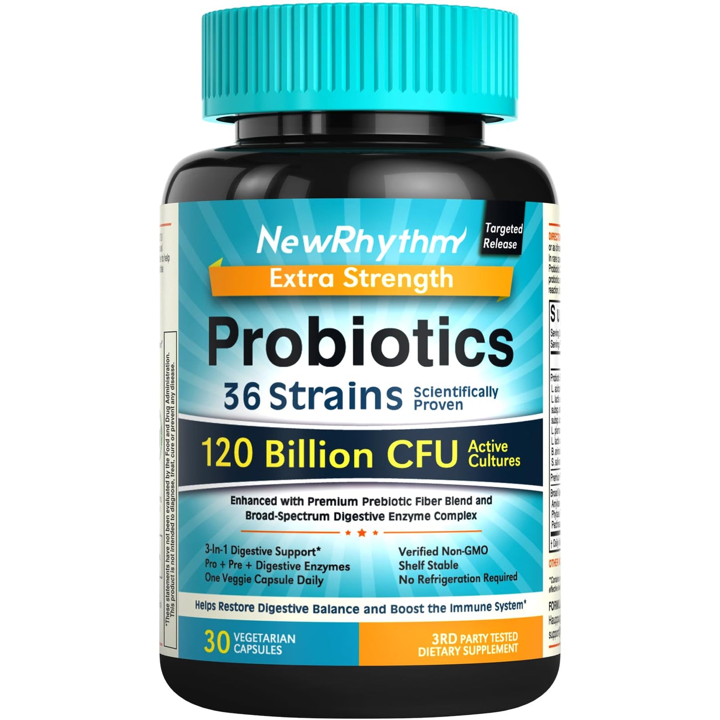 NewRhythm Probiotics 120 Billion CFU 36 Strains, 3-in-1 Probiotics for Digestive Health & Immune Support with Prebiotics & Enzymes, Probioticos for Women & Men, Vegan Targeted Release Supplement, 30ct