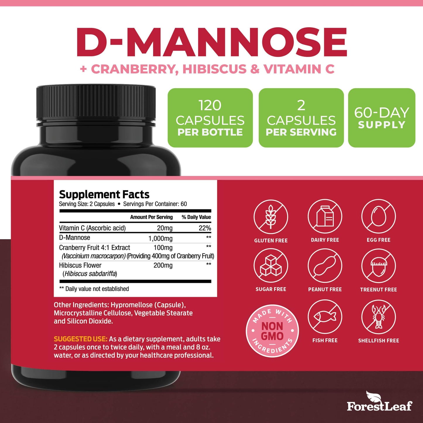 ForestLeaf D Mannose Supplements for Women & Men - D-Mannose 1000mg Capsules with Cranberry, Hibiscus & VIT C - DMannose Pills for UTI, Urinary Tract & Bladder Support - 120 Caps