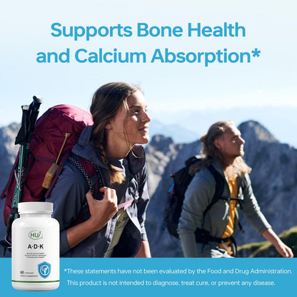 HUJ ADK Supplement, 60 Capsules, Calcium, Vitamins A, D3, K2 (MK-7)