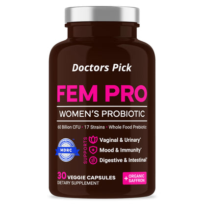 Doctors Pick Fem Pro Probiotics for Women. 17 Clinically Effective Strains for Vaginal, Digestive & Immune Support, Urinary Tract Health, pH Balance and Mood. Organic Prebiotic, 30 Veggie Capsules