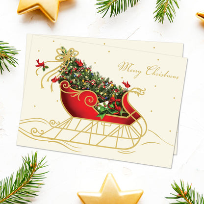 Canopy Street Masterpiece Holiday Sleigh Christmas Cards / 15 Traditional Holiday Cards With Coordinating White Envelopes Set / 5 5/8" x 7 7/8" Winter Greeting Cards With Inside Verse/Made In The USA