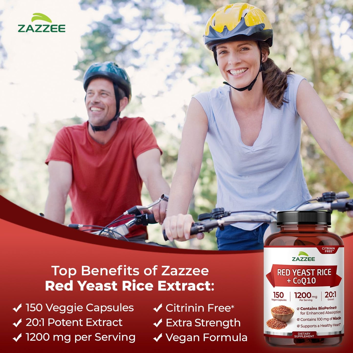 Extra Strength Red Yeast Rice with CoQ10 - 20X Concentrated 1200mg Red Yeast Rice Supplement with Niacin CoQ 10 and BioPerine for Enhanced Absorption - Non-GMO Vegan & ISO Lab Tested (75 Servings)