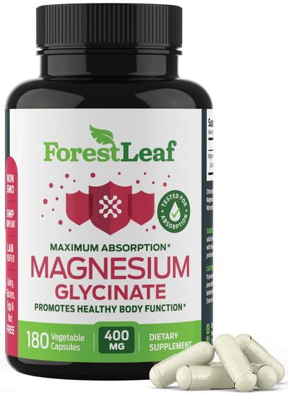 Pure Magnesium Glycinate 400mg Serving - High Absorption Magnesium Glycinate - Mag Bisglycinate for Stress, Bones, Muscles, Nerves, Relaxation & Heart Health, Non GMO & Gluten Free - 180 Capsules