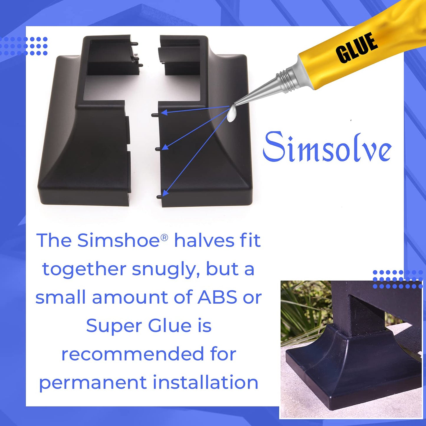 Simshoe Deck Post Base Cover – Durable, Snap-Together Shoe Base Instantly Transforms Hand & Stair Rail Feet – Porch, Stair & Deck Base Brackets Covers – UV-Resistant ABS Plastic (Black)