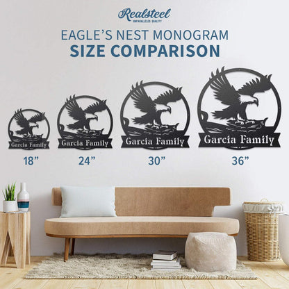 RealSteel - Eagle's Nest Monogram - Rustic Farmhouse Decor - Perfect for Front Gates or Barn Doors - Metal Indoor/Outdoor Unique Wall Art - Custom Family Names - American Pride (18", Black)