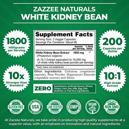 Zazzee White Kidney Bean 10:1 Extract, 1800 mg per Serving, 200 Vegan Capsules, Over 2 Month Supply, Standardized, Concentrated 10X Extract, 100% Vegetarian, All-Natural and Non-GMO, Made in The USA