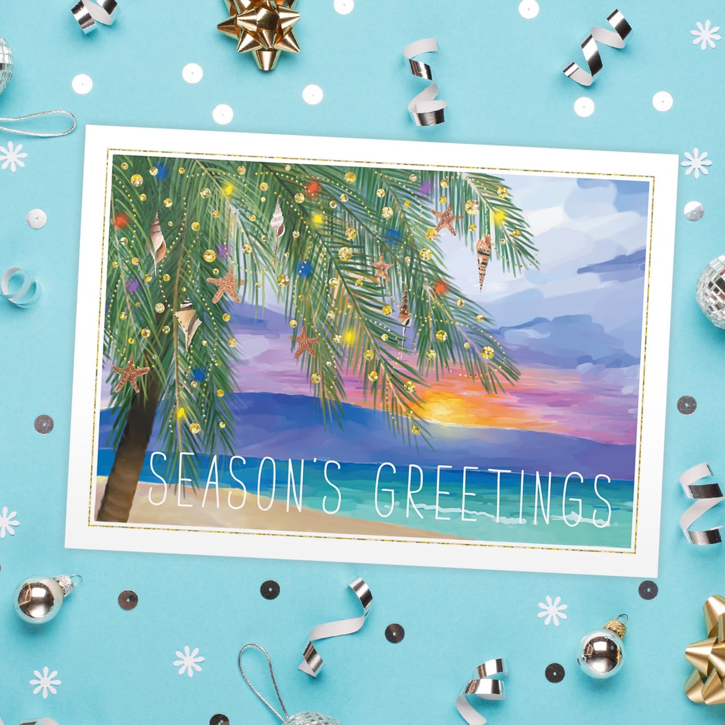 Canopy Street Masterpiece Tropical Sunset Cards / 16 Coastal Holiday Card Set With White Envelopes / 5 5/8" x 7 7/8" Warm Weather Palm Tree Vacation Greeting Cards With Meaningful Inside Verse