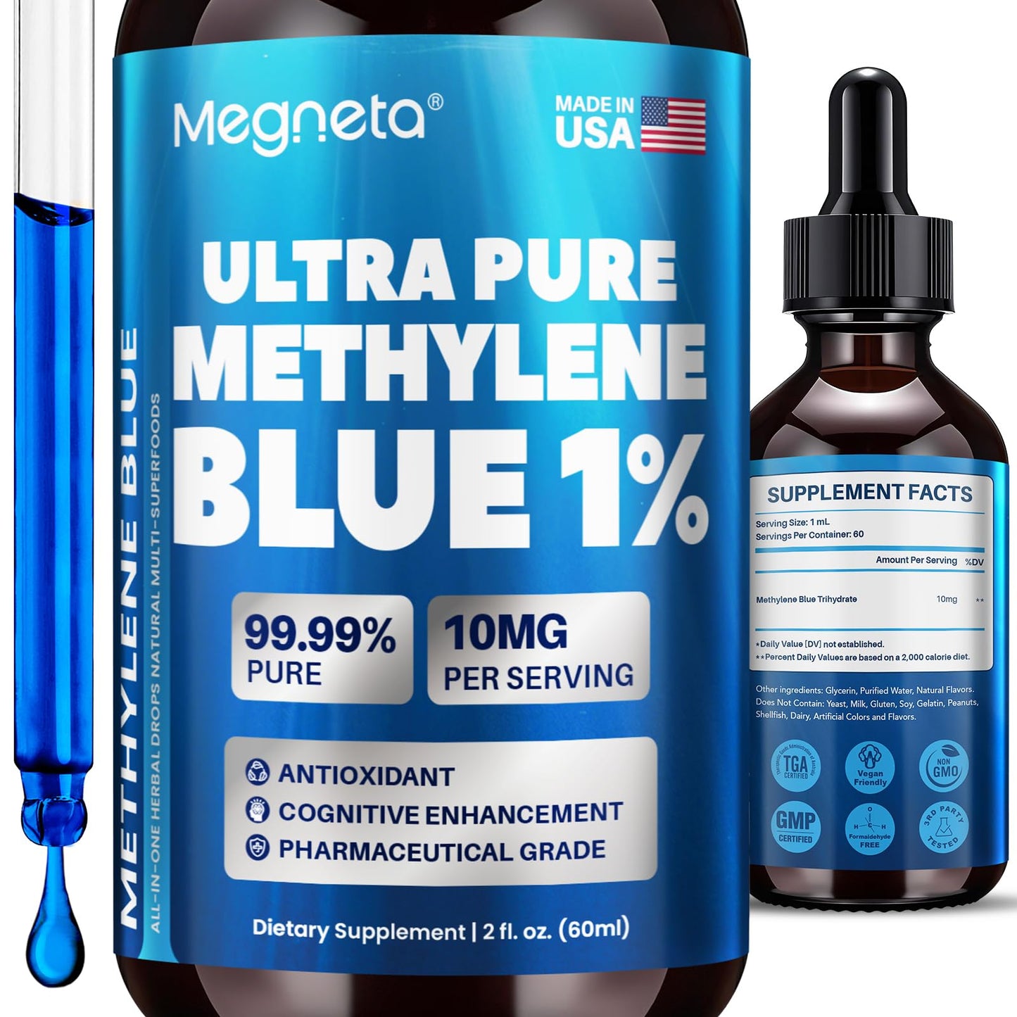 Methylene Blue Drops 1% USP, Pharmaceutical Grade Supplement for Brain & Cellular Health, No Formaldehyde, Made in USA, 2 Fl Oz