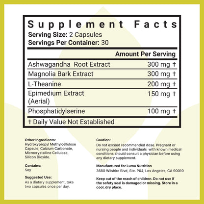 Luma Nutrition Cortisol Reducer and Manager - Ashwagandha + L-Theanine - Cortisol Supplements for Women and Men - Stress Relief, Restful Sleep, Detox, Lower and Control - 60 Capsules