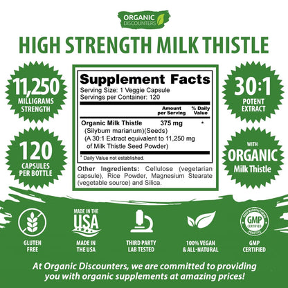 Organic Discounters High Potency Organic Milk Thistle Extract, 11,250 mg Strength, 120 Capsules, Potent 30:1 Extract, Rich in Silymarin Flavonoids, Vegan, Non-GMO and All-Natural