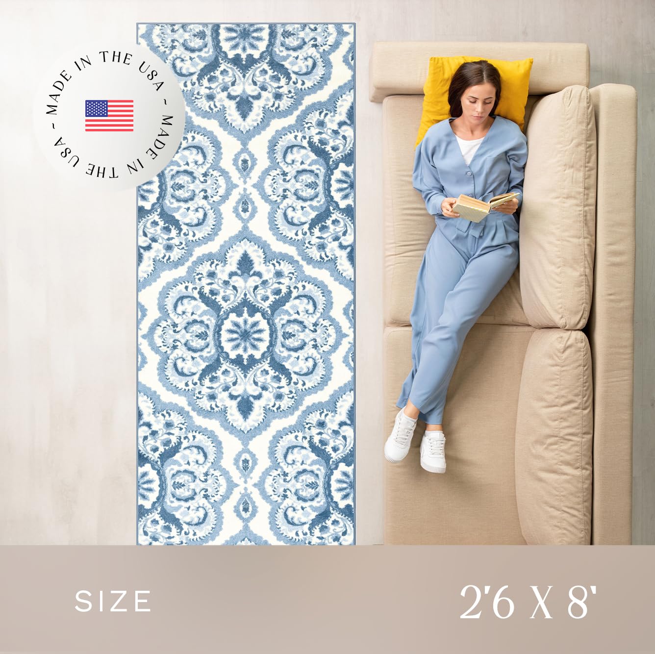 Maples Rugs Vivian Medallion Runner Rug - Made in USA - Washable, Non Slip, Indoor Carpet for Hallway, Kitchen, and Laundry Room, 2'6 x 8', Blue/White