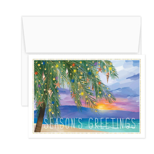 Canopy Street Masterpiece Tropical Sunset Cards / 16 Coastal Holiday Card Set With White Envelopes / 5 5/8" x 7 7/8" Warm Weather Palm Tree Vacation Greeting Cards With Meaningful Inside Verse