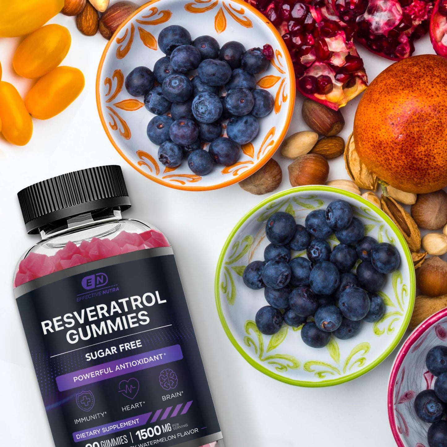 EFFECTIVE NUTRA Resveratrol Gummies 1500mg | Sugar-Free Supplement for Antioxidant Support, Immunity, Heart Health, and Brain Function | 45-Day Supply, Natural Berry Flavor, Made in USA (90 Count)