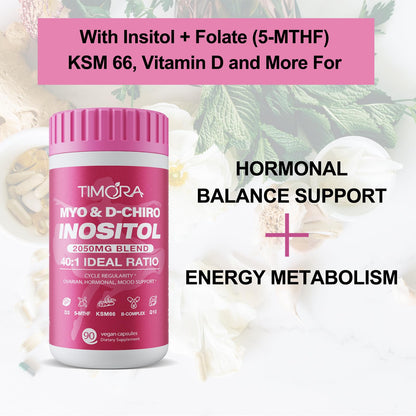 TIMORA 14-in-1 Myo-Inositol & D-Chiro Inositol Supplement for Women, Targeted 40:1 Ratio Plus Folate (5-MTHF) for Regular Cycles, Hormone Balance & Ovarian Support with KSM66 Ashwagandha, Vitamins D3