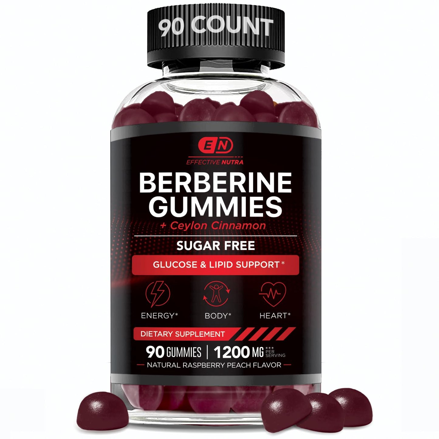 EFFECTIVE NUTRA Berberine Gummies with Ceylon Cinnamon | Sugar-Free Supplement 1200mg for Blood Sugar Support, Heart Health, Energy | 45-Day Supply, Natural Berry Flavor, Made in USA (90 Count)