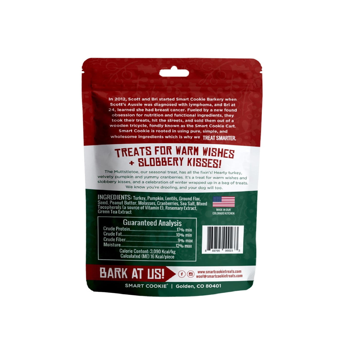 Smart Cookie Muttstletoe Holiday Dog Treats - Turkey, Pumpkin and Cranberry Christmas Dog Treats - Healthy, All Natural, Grain Free, Human-Grade - Made in USA - 8oz