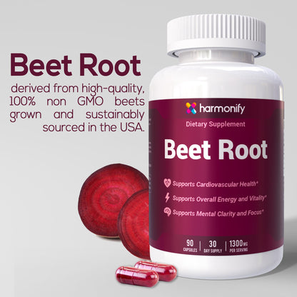 HARMONIFY Beet Root Capsules, Pure Beetroot Powder 1300 mg, Circulation Support Supplement, Vegan, Non-GMO, Gluten-Free – 90 Vegetable Capsules