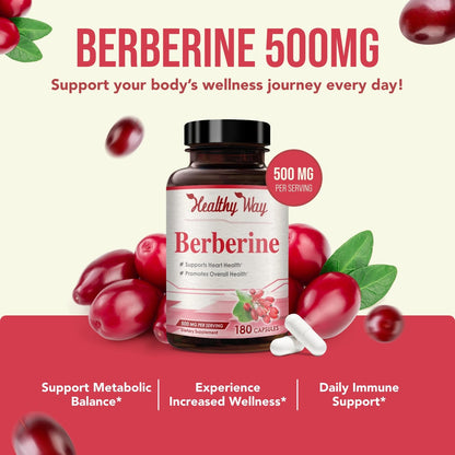 High Strength Berberine Supplement 500mg - Once Daily Potent Berberine 500mg Antioxidant Quercetin Supplement for Heart Aging and Vitality Support - Vegan Friendly & Made in the USA (180 Servings)