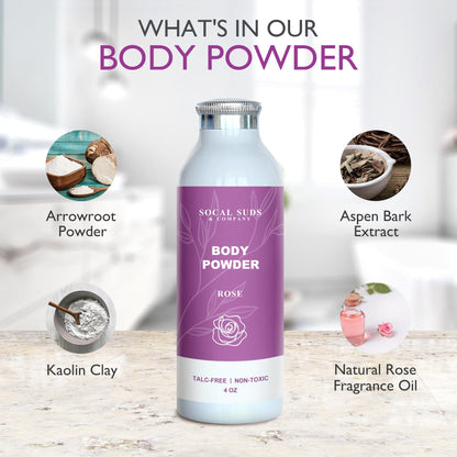 SoCal Suds & Company - Natural Body Powder Talc-Free with Arrowroot Powder, Kaolin, Aspen Bark Extract for Soft Soothing Delicate Skin - Rose 4oz, 1-Pack