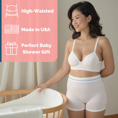 POPPED Disposable Postpartum Underwear (5 Pack) | Stretchy High Waist Boyshorts for C-Section, Surgery Recovery | Mesh Underwear for Women | Postpartum Essentials | One Size Fits Most (28"-48") White