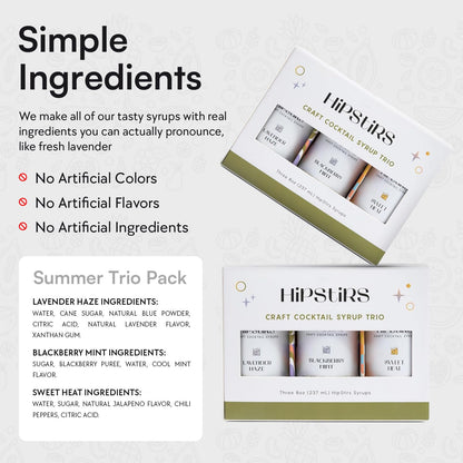 HipStirs Summer Cocktail Syrup Trio | Sweet Heat, Lavender Haze, Blackberry Mint | Craft Drink Mixers for Cocktails & Mocktails | Small Batch, Natural Ingredients (3 Pack, 8oz Bottles)