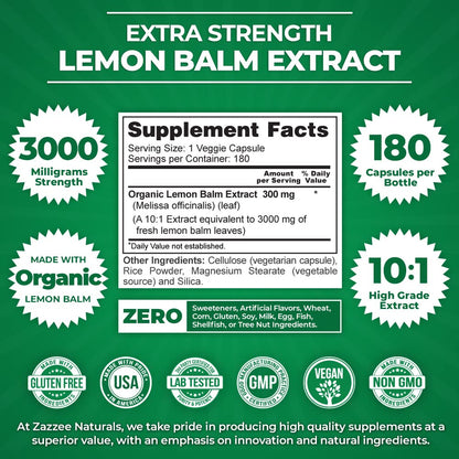 Zazzee Organic Lemon Balm 10:1 Extract, 3000 mg Strength per Capsule, 180 Vegan Capsules, 6 Month Supply, Standardized and Concentrated 10X Extract, 100% Vegetarian, All-Natural and Non-GMO