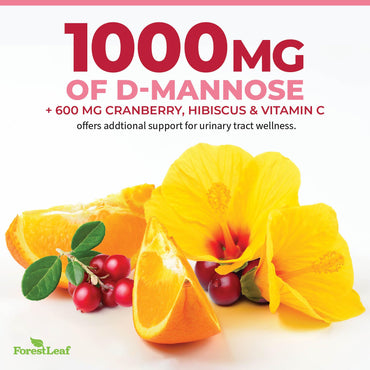 ForestLeaf D Mannose Supplements for Women & Men - D-Mannose 1000mg Capsules with Cranberry, Hibiscus & VIT C - DMannose Pills for UTI, Urinary Tract & Bladder Support - 120 Caps