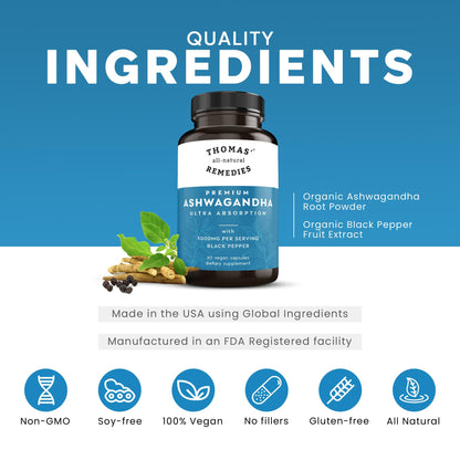 Thomas' all-natural Remedies Organic Ashwagandha Stress Support Supplement, Mood & Energy Support, Pure Ashwagandha 1000mg, Ultra Absorption with Black Pepper, Vegan, No fillers