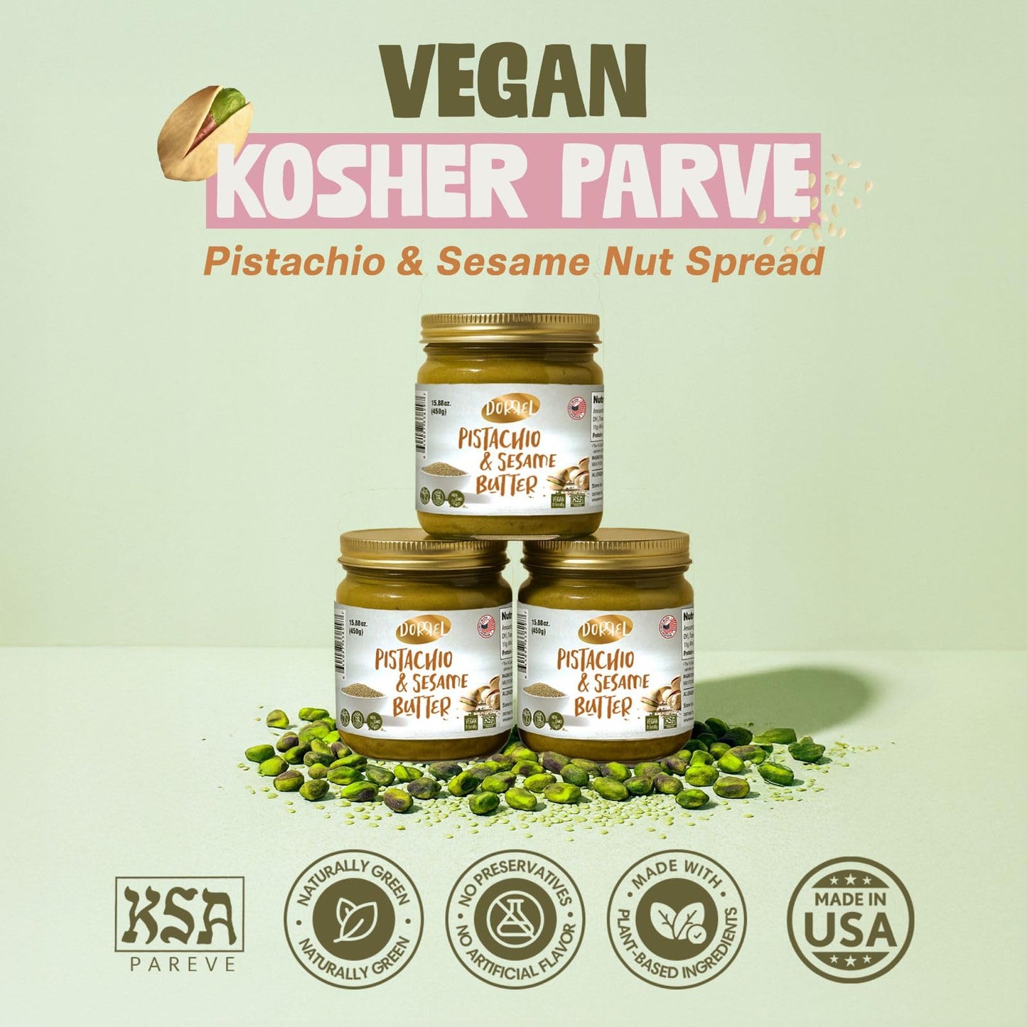 DORREL Pistachio & Sesame Halva Butter | Dairy-Free Vegan Spread | Made with 60% California Pistachios | Non-GMO | Kosher Pareve | Healthy Sweet & Savory Halva Spread (200g / 7.05oz)