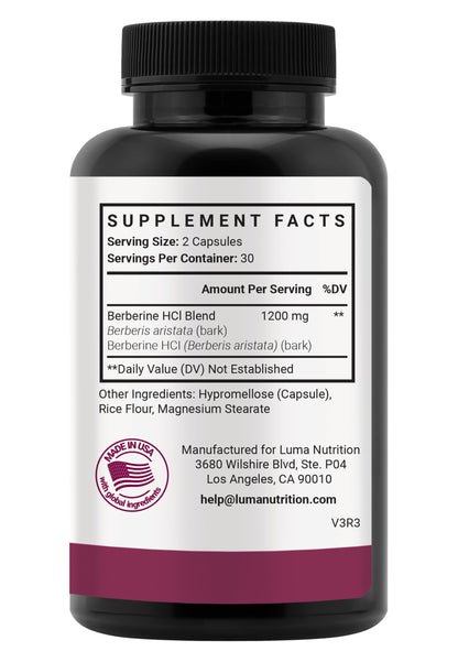 Luma Nutrition Berberine Supplement - Berberine HCL 1200mg Per Serving - Vegan, Gluten Free, Non-GMO - 60 Capsules