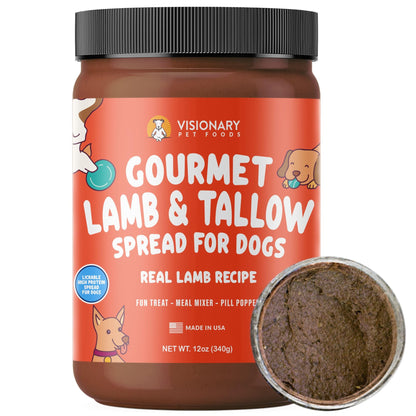 Visionary Pet Foods Lamb and Tallow Meat Spread - Healthy Dog Treat - Alternative to Dog Peanut Butter, Xylitol Free, No Sugar and Filler Free - Use on Lick Mat, Food Mixer, Pill Pockets - 12oz Jar