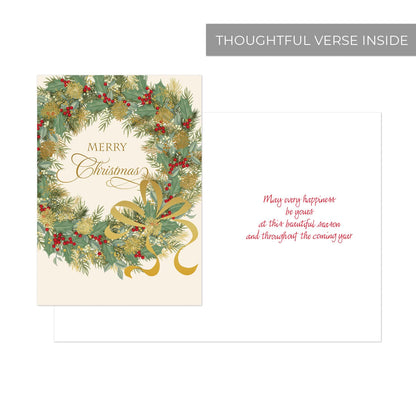 Canopy Street Masterpiece Traditional Wreath Christmas Cards / 15 Festive Holiday Cards Set With White Envelopes / 5 5/8" x 7 7/8" Winter Greeting Cards With Inside Verse