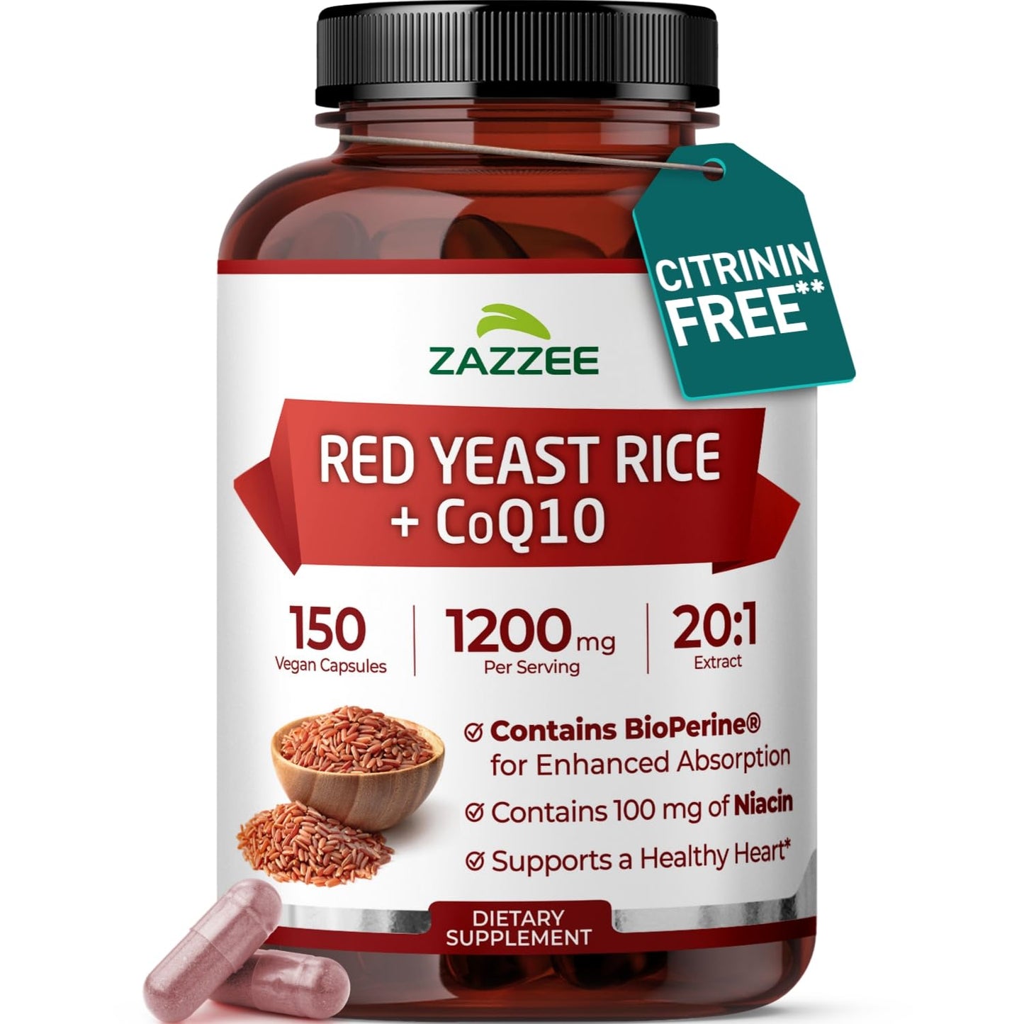 Extra Strength Red Yeast Rice with CoQ10 - 20X Concentrated 1200mg Red Yeast Rice Supplement with Niacin CoQ 10 and BioPerine for Enhanced Absorption - Non-GMO Vegan & ISO Lab Tested (75 Servings)