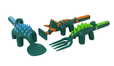 Constructive Eating Plate and Utensils Set - USA-Made Toddler Dinnerware with Divided Plates (Dinosaur)