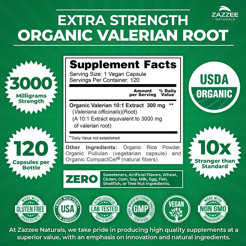 Zazzee USDA Organic Valerian Root 10:1 Extract, 3000 mg Strength, 120 Vegan Capsules, 4 Month Supply, Valeriana officinalis, 10X Potency, 100% Vegetarian, All-Natural, Non-GMO, Made in The USA
