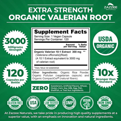 Zazzee USDA Organic Valerian Root 10:1 Extract, 3000 mg Strength, 120 Vegan Capsules, 4 Month Supply, Valeriana officinalis, 10X Potency, 100% Vegetarian, All-Natural, Non-GMO, Made in The USA