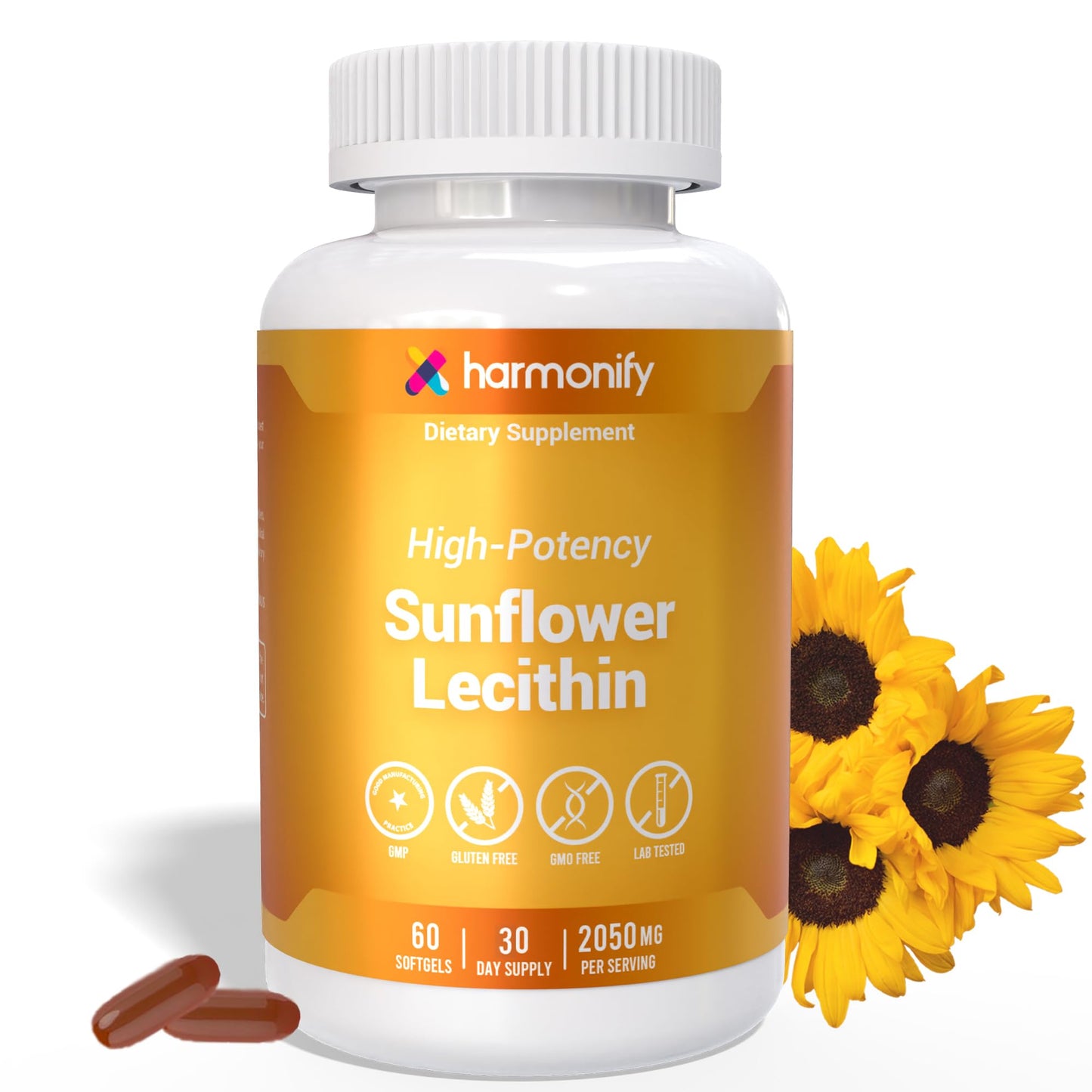 HARMONIFY Sunflower Lecithin Wellness Supplement, 2050 mg High-Potency, Non-GMO & Gluten-Free, 60 Softgels, Proudly USA Company