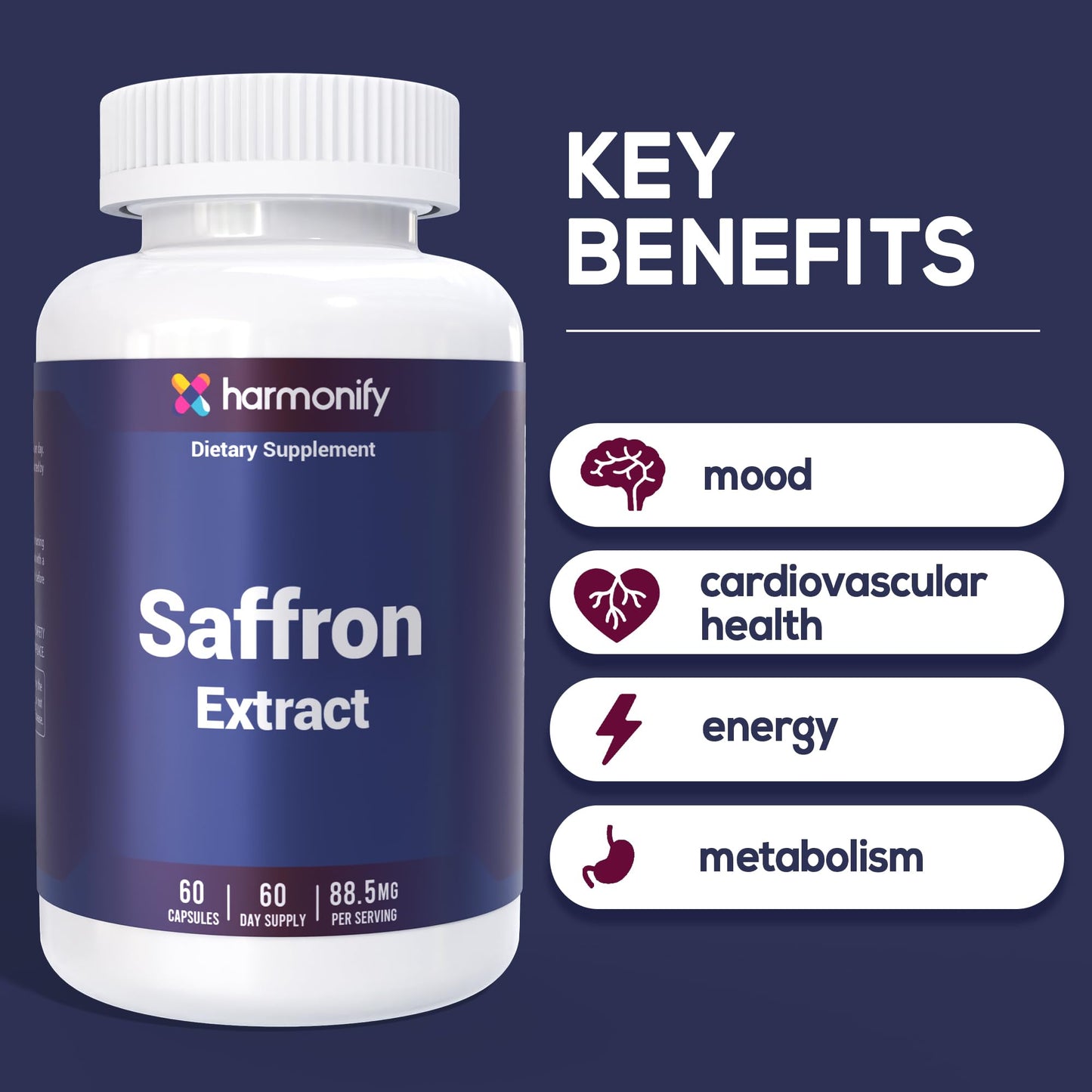 HARMONIFY Saffron Supplements 88.5mg – Mood, Eye & Appetite Support – 60 Capsules | Natural Saffron Supplement from Crocus Sativus L. | Non-GMO, Vegan-Friendly