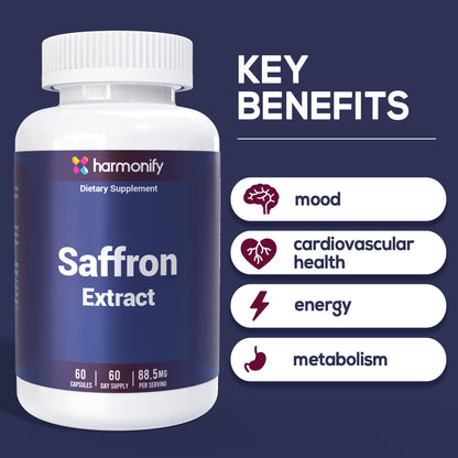 HARMONIFY Saffron Supplements 88.5mg – Mood, Eye & Appetite Support – 60 Capsules | Natural Saffron Supplement from Crocus Sativus L. | Non-GMO, Vegan-Friendly