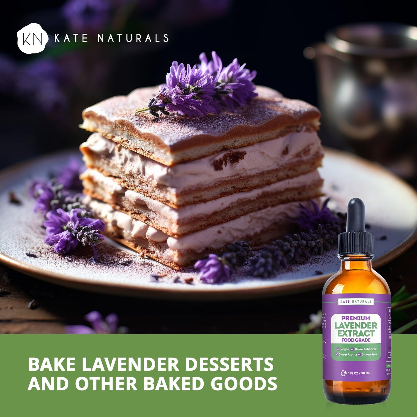 Kate Naturals Lavender Extract for Baking, Drinks, Coffee, Lattes. Food Grade Lavender Oil for Flavoring & Cooking (1oz, Sugar Free)