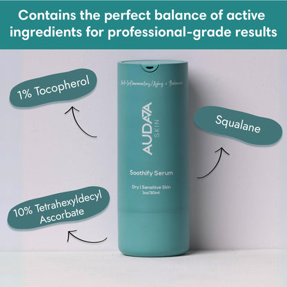 AUDAJA Soothify Vitamin C & E Face Serum – 10% Tetrahexyldecyl Ascorbate + 1% Tocopherol + Squalane | Anti-Aging Antioxidant Serum for Radiance, Hydration & Skin Repair | Made in USA, Cruelty-Free