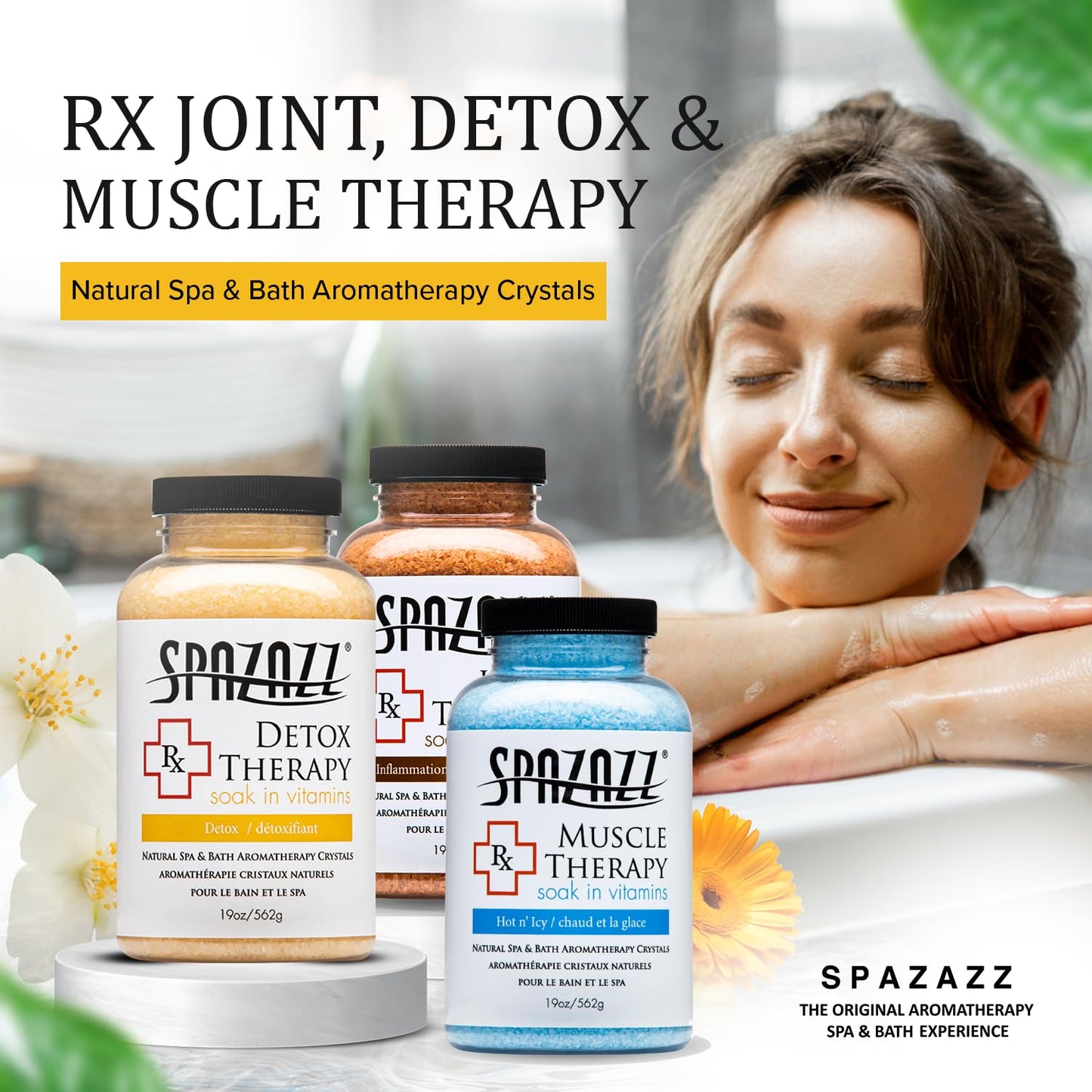 Spazazz Hot Tub Aromatherapy RX Muscle Detox Joint Bath Salt Crystals Bundle. Three Jars of 19oz Spazazz Hot Tub Crystals with Hot/Cold Towel and 5-Point Full Body Massager